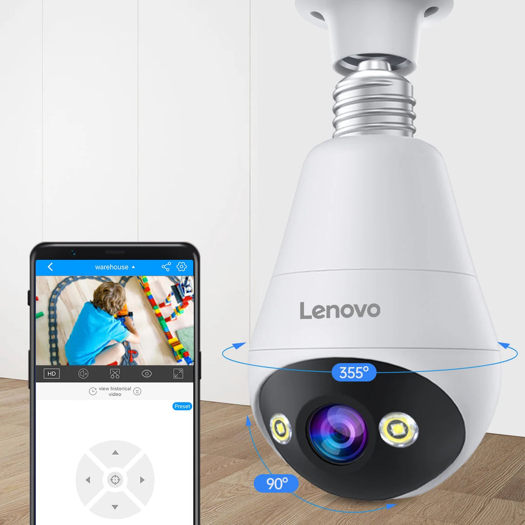 Câmera de Segurança Lenovo 3MP WiFi Tipo Lâmpada E27 – Visão Noturna Colorida, Intercom de Voz Bidirecional e Conectividade Smart Home Sem Fio