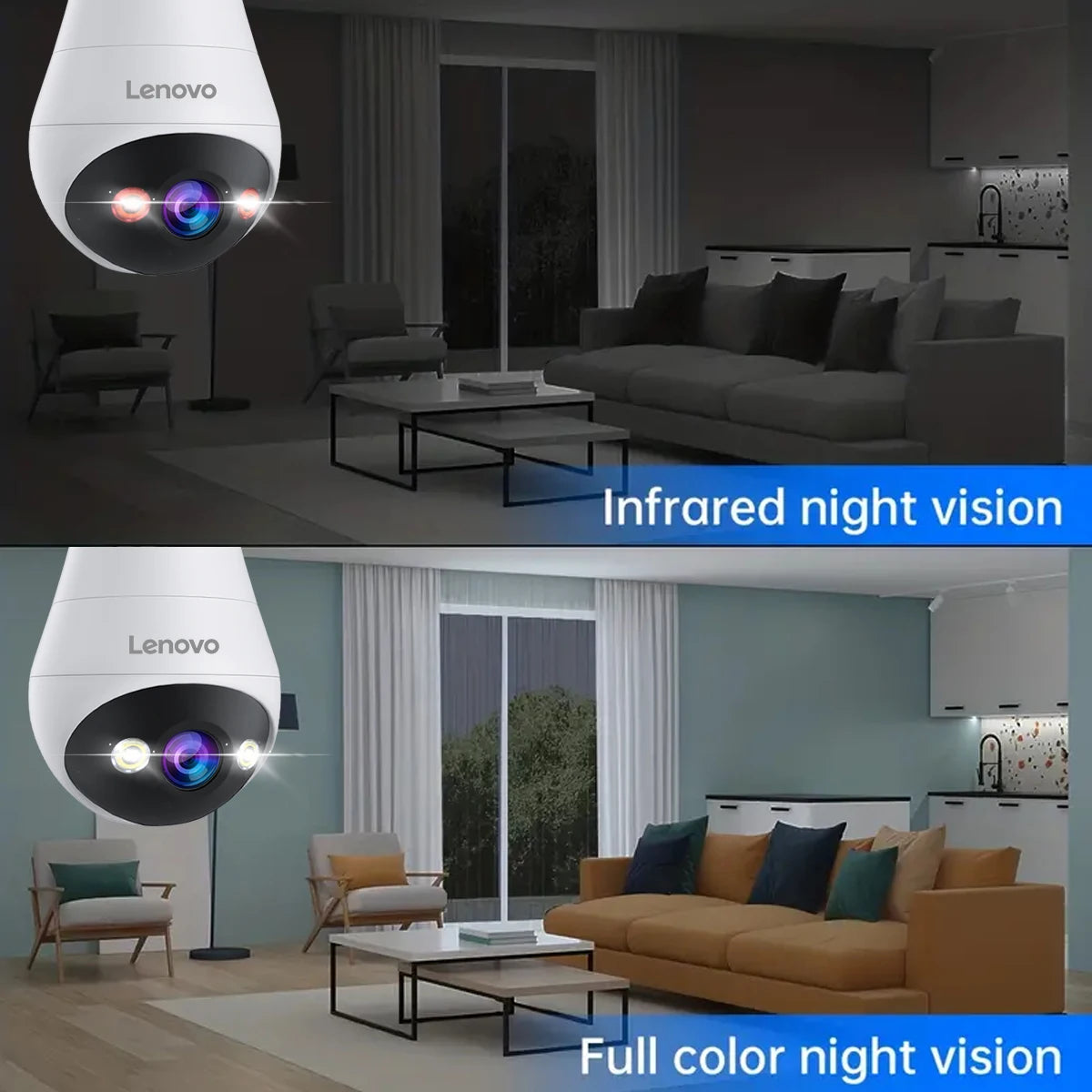 Câmera de Segurança Lenovo 3MP WiFi Tipo Lâmpada E27 – Visão Noturna Colorida, Intercom de Voz Bidirecional e Conectividade Smart Home Sem Fio