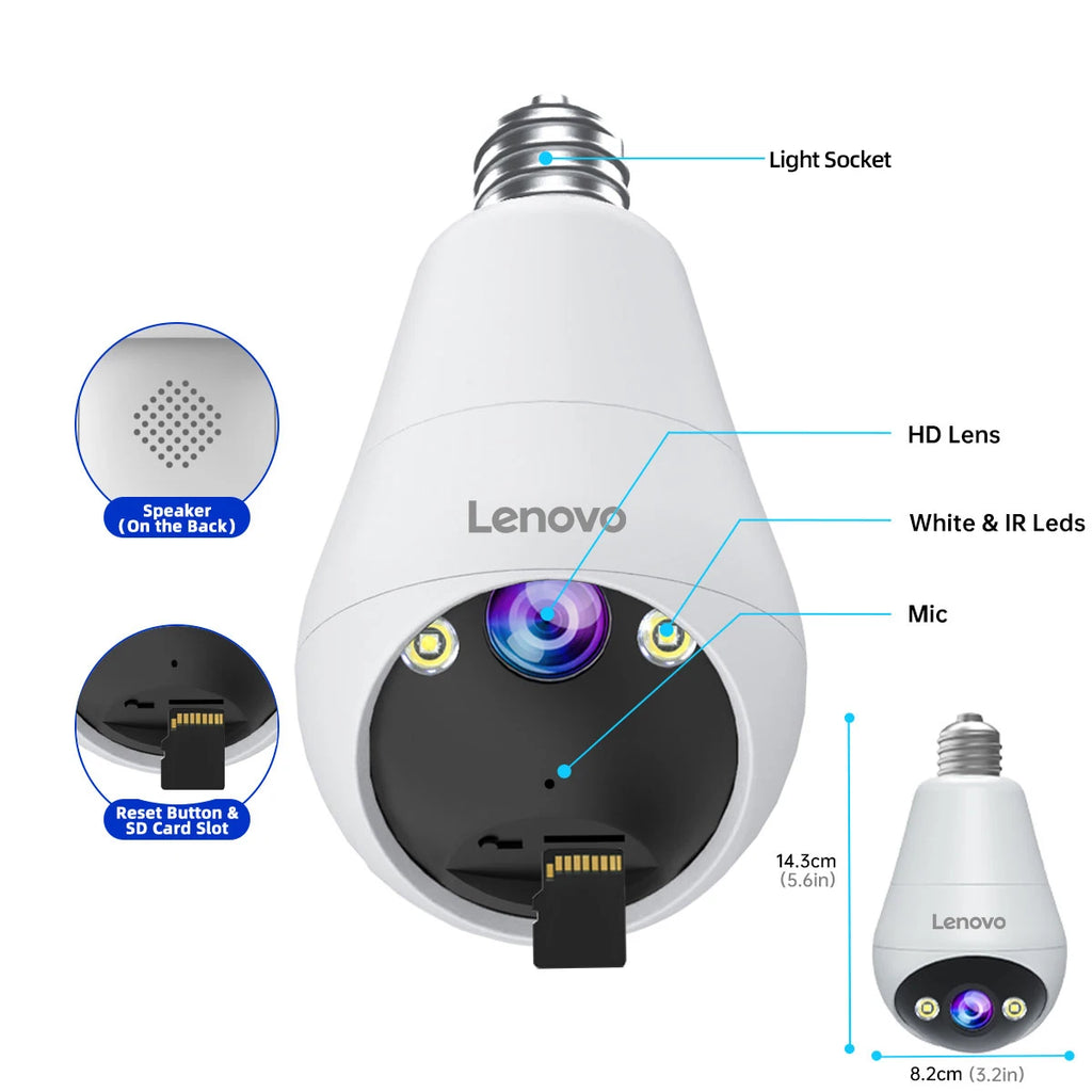 Câmera de Segurança Lenovo 3MP WiFi Tipo Lâmpada E27 – Visão Noturna Colorida, Intercom de Voz Bidirecional e Conectividade Smart Home Sem Fio