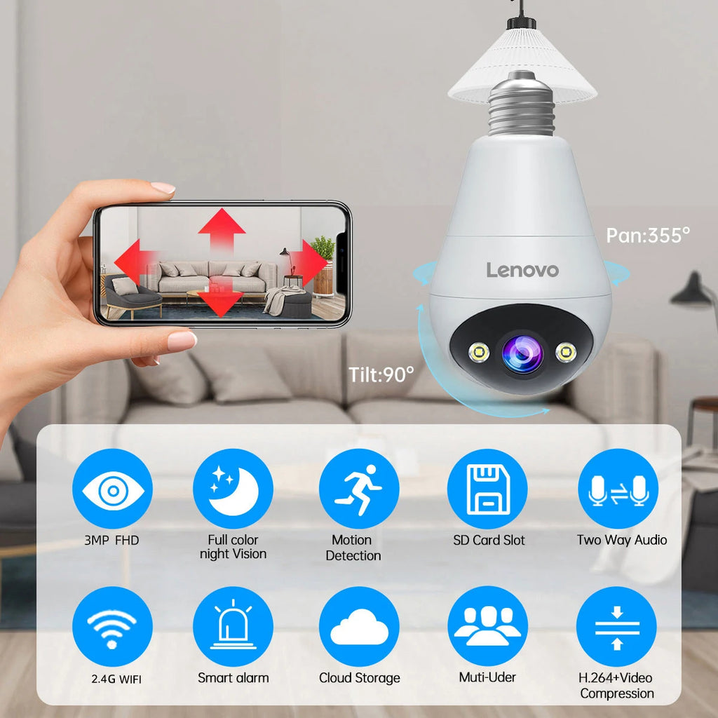 Câmera de Segurança Lenovo 3MP WiFi Tipo Lâmpada E27 – Visão Noturna Colorida, Intercom de Voz Bidirecional e Conectividade Smart Home Sem Fio