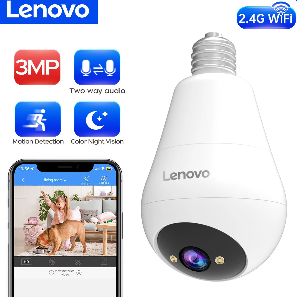 Câmera de Segurança Lenovo 3MP WiFi Tipo Lâmpada E27 – Visão Noturna Colorida, Intercom de Voz Bidirecional e Conectividade Smart Home Sem Fio